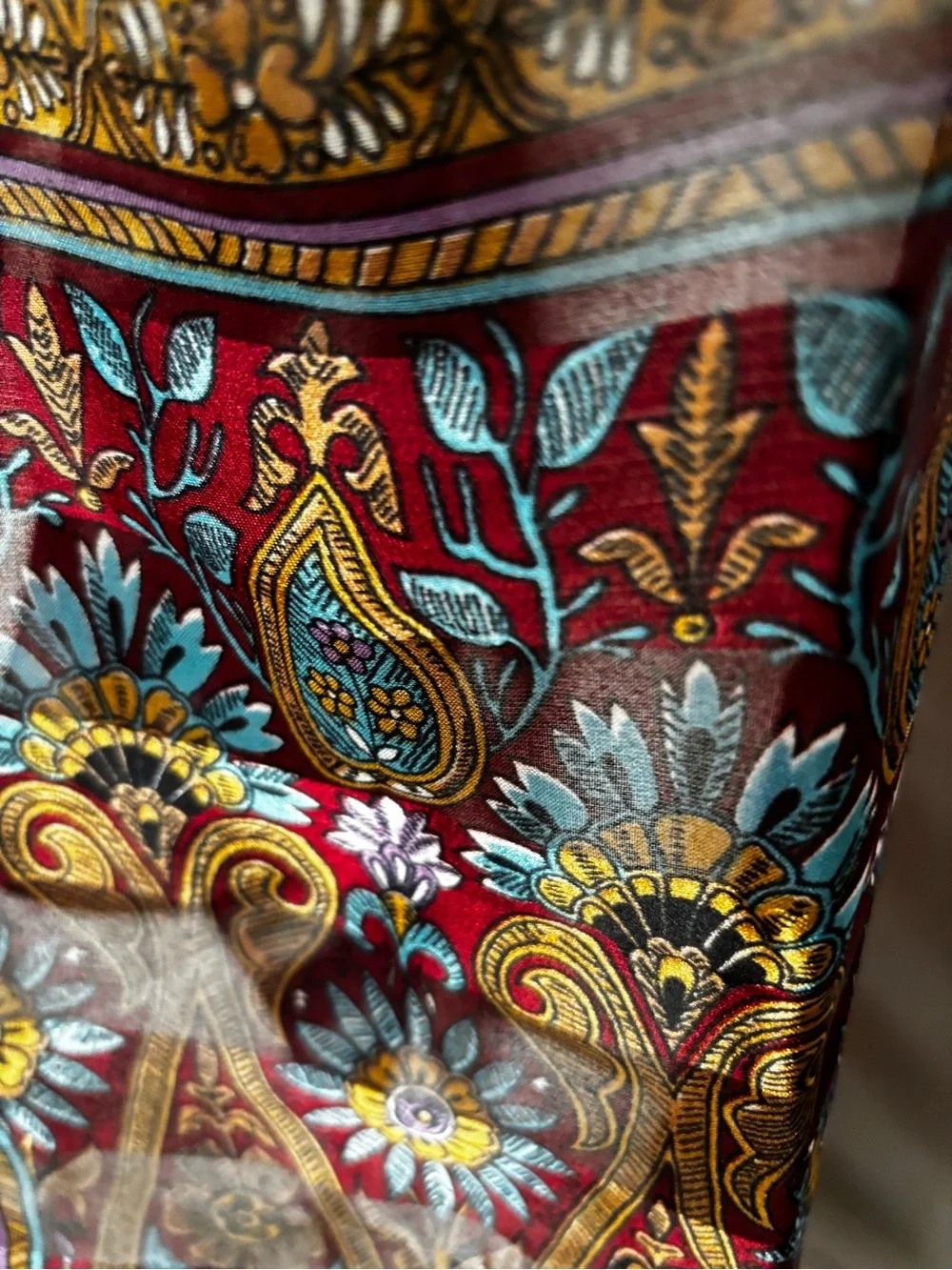 Silk Paisley Pattern Scarf in Burgundy, Teal & Gold
